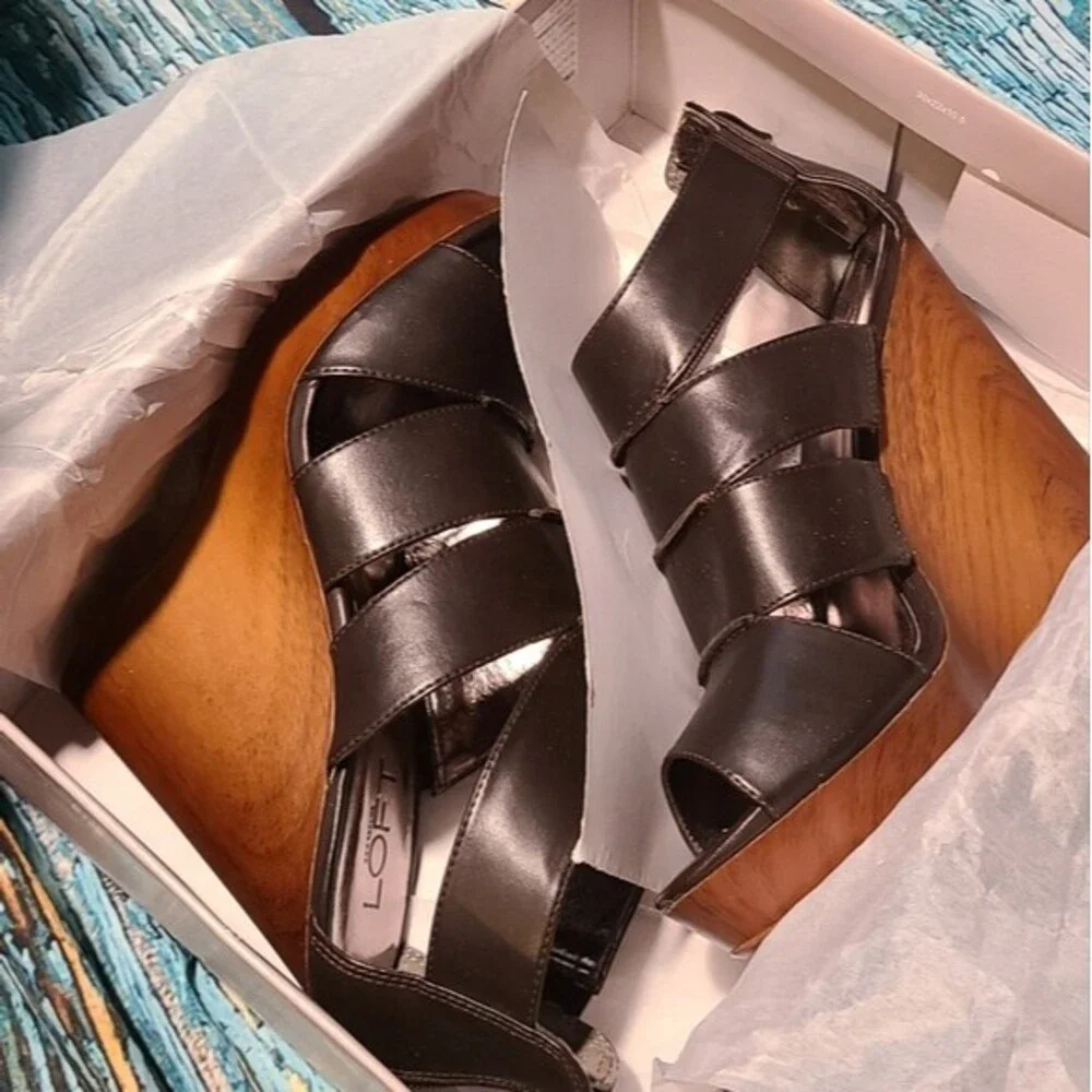 Y2K Boho Clubkid Retro Glam Platform Wedge Heels Brown Strappy Sandals‎ Loft 7.5